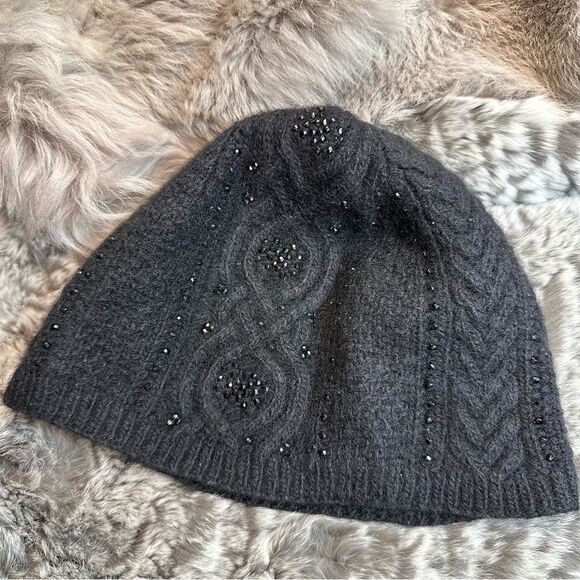 Ralph Lauren Black Cashmere Blend Jet Hematite Beaded Cable Knit Beanie main image 10